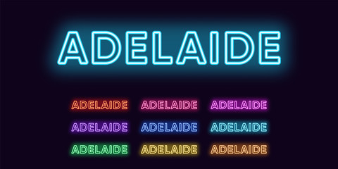 Neon Adelaide name, city in Australia. Neon text of Adelaide city
