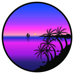 Fototapeta na wymiar Landscape in a circle, palm trees, sea, ship and sky. Drawing of the sky and the sea at sunset.