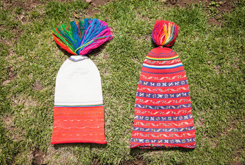 Knitted woolen caps, characteristic for inhabitants Taquile Island on Lake Titicaca. Peru.