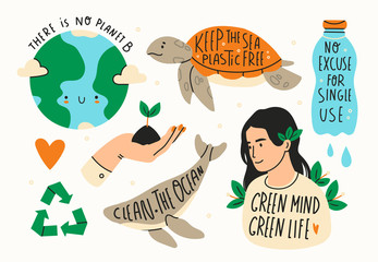 Earth day. Save the planet theme. Zero waste, plastic free concept. Green world, ecology problem. Hand drawn colored vector set. Trendy illustration. Various quotes. All elements are isolated