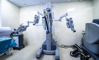 Modern surgical system. Medical robot. Minimally invasive robotic surgery. Medical background