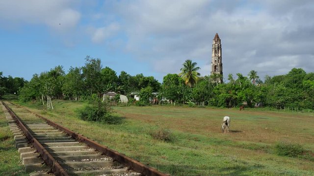 Railroad tracks and Manaca Iznaga Tower, Valle de los Ingenios, Sancti Spiritus Province, Cuba