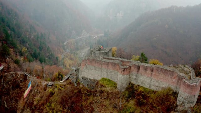 Top view of famous Poenari Castle in Transylvania, Romania