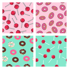 Set lollipops and donuts seamless pateern comics and pop style for wallpaper or fabric