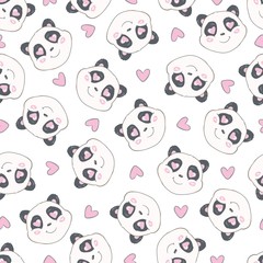 Fototapeta premium Seamless pattern with cute hand drawn panda' heads. Animal tiling background.