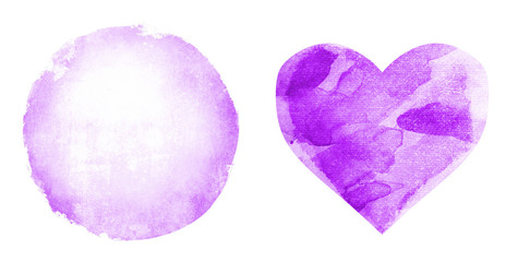 Two watercolor circle and heart on white as background