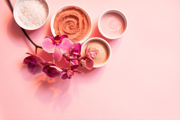 Pink beautiful background with natural body care products