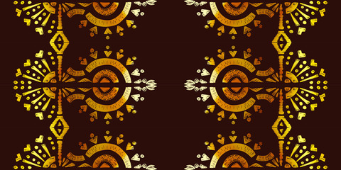 Nice native gold ornament pattern hand-drawn ikat geometric background - Ethnic folk pattern. Tribal embroidery background. Vector