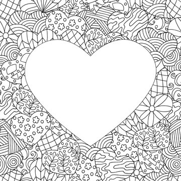 Frame of hand-drawn abstract hearts, coloring page