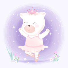Ballerina Dance bear hand drawn animal illustration watercolor