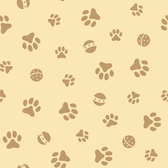 Seamless pattern background with pets animals paw prints and balls on walk.