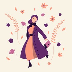 A girl in spring outerwear joyfully dancing on a background of flowers and branches. Flat vector illustration.