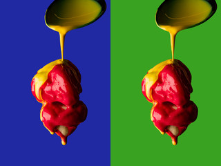 Homemade profiteroles with red and yellow sauce, shoot in pop-art style on blue and green background. Close up