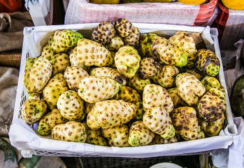 Exotic fresh fruits to sell on San Pedro market in Cusco, Peru.
