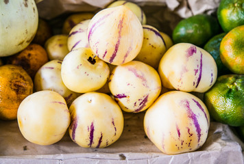 Exotic fresh fruits to sell on San Pedro market in Cusco, Peru.