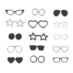 Set of custom glasses isolated. Vector illustration on white background. Glasses model icons, man, women frames. Sunglasses, eyeglasses isolated on white. silhouettes. Different shapes, frame, styles