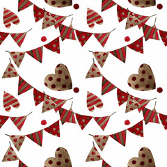 Seamless pattern with hearts and flags on white background Watercolor illustration. Valentines day