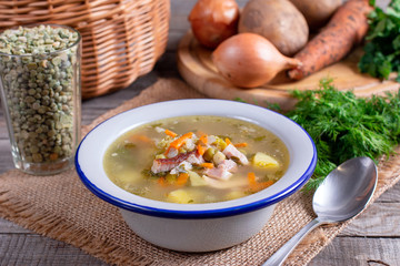 Homemade split pea soup with bacon