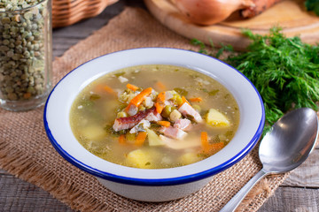 Homemade split pea soup with bacon