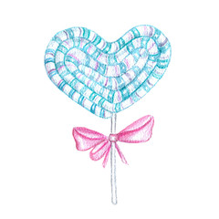 Candy heart on a stick with pink bow. Hand drawn watercolor spiral turquoise heart shaped candy. Isolated on white background. Sweet heart design for Valentines day. Lollipop clip art. Cartoon