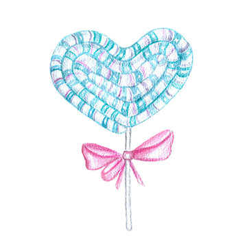 Watercolor set with pink and blue heart-shaped lollipops with bows.  Hand-drawn illustration isolated on white background Stock Photo - Alamy