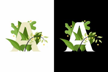 Stylized letter A. Composition of the letter A on the background of leaves and flowers. Lettering letters A
