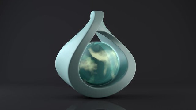 3D animation of a model of a blue lamp made of Mobius tape and a shining plasma sphere in the center.