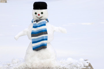 A Funny  white snowman in a black cap and a blue scarf is standing on a snowy meadow in winter,...