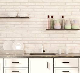 Kitchen with brick wall, bottle shelves and wooden tabletop. 3D rendering. 3D illustration.