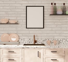 Template of an empty poster on the kitchen wall. Banner for drawings, inscriptions and photographs. 3D rendering. 3D illustration.