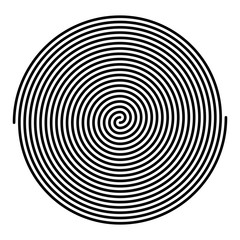 Two intertwined large linear spirals. Archimedean spirals of black color with ten turnings of two arms of arithmetic spirals, rotating with constant angular velocity. Illustration over white. Vector.