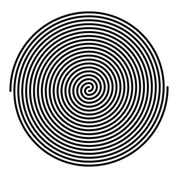 Two intertwined large linear spirals. Archimedean spirals of black color with ten turnings of two arms of arithmetic spirals, rotating with constant angular velocity. Illustration over white. Vector.