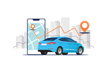 Big mobile phone with route and points location on a city map on the urban landscape background. Isometric view of blue vehicle. Mobile app for renting taxi online. Vector illustration. © faber14