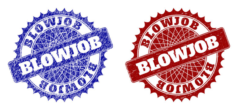 BLOWJOB Blue and Red Round Stamps with Grunged Surfaces