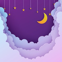 Night sky in paper cut style. Cut out 3d background with violet and blue gradient cloudy landscape with stars and moon papercut art. Cute origami clouds. Vector card for wish good night sweet dreams.