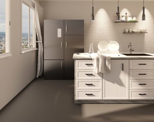 Scandinavian-style kitchen interior. Backlit worktop and large fridge. 3D rendering. 3D illustration.