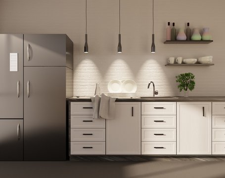 Interior of the kitchen in loft style. Backlit worktop and large fridge. 3D rendering. 3D illustration.