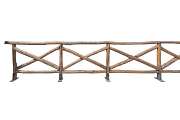 A wooden fence made of natural logs isolated on white background