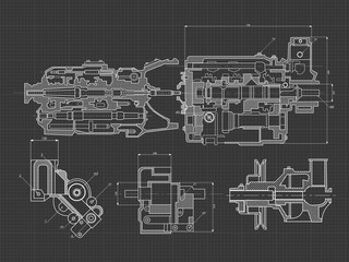 Technical blue background with drawings of details and mechanisms.Engine line drawing background. Vector illustration