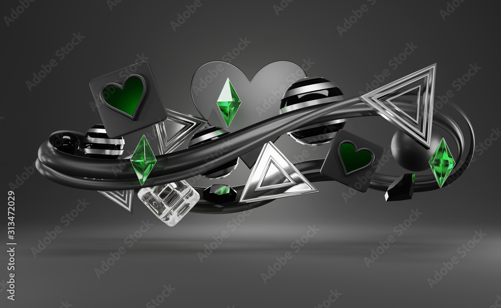 Poster abstract futuristic random objects black theme figure background, 3d render.