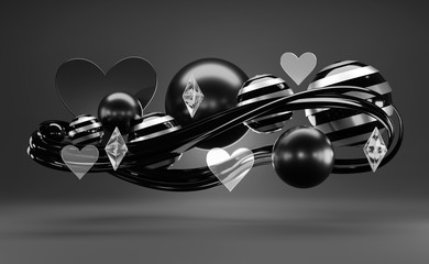 Abstract Futuristic Objects Black Valentine's Theme Figure, 3D render.
