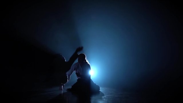Aikido Master technique demonstration from a sitting position on spotlight background.
