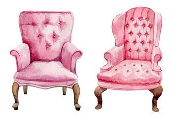 Watercolor cute rose and cozy vintage armchairs. Hand painted isolated sofa. Warm and comfort autumn mood - 313472474