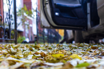 a blurry photo of an open car door at an autumn sunset