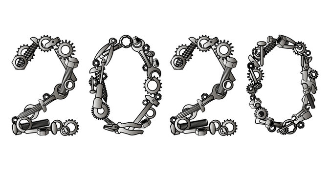 2020 Hand Tools Number. Happy New Year Vector Number From Hardware Tools. Numbers Written With Nuts, Bolts And Screws