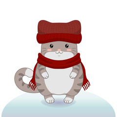 Winter vector illustration with cute happy cat.