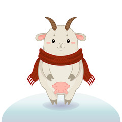 Winter vector illustration with cute happy goat.