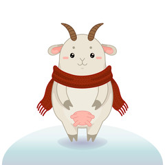 Winter vector illustration with cute happy goat.