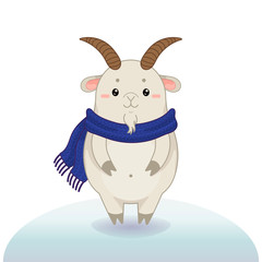 Winter vector illustration with cute happy goat.