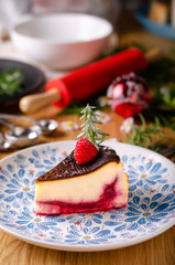 Basque burnt cheesecake homemade style, Stuffed with raspberry sauce.